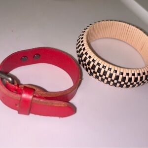 Red Faux Leather Buckle Bracelet + Black & White Woven Bangle Set